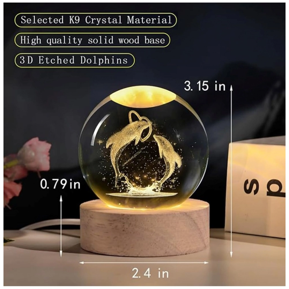 Wood 3D Dolphin Crystal Ball Night Light Dolphin Love (Transparent) - Image 3