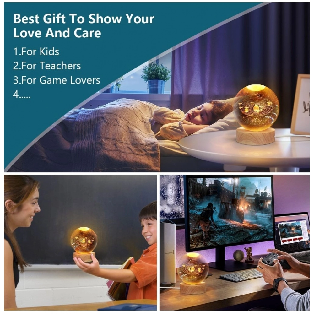 Generic Wood 3D Galaxy Crystal Ball Night Lamp Colorful LED Wooden for Solar System (Transparent) - Image 3