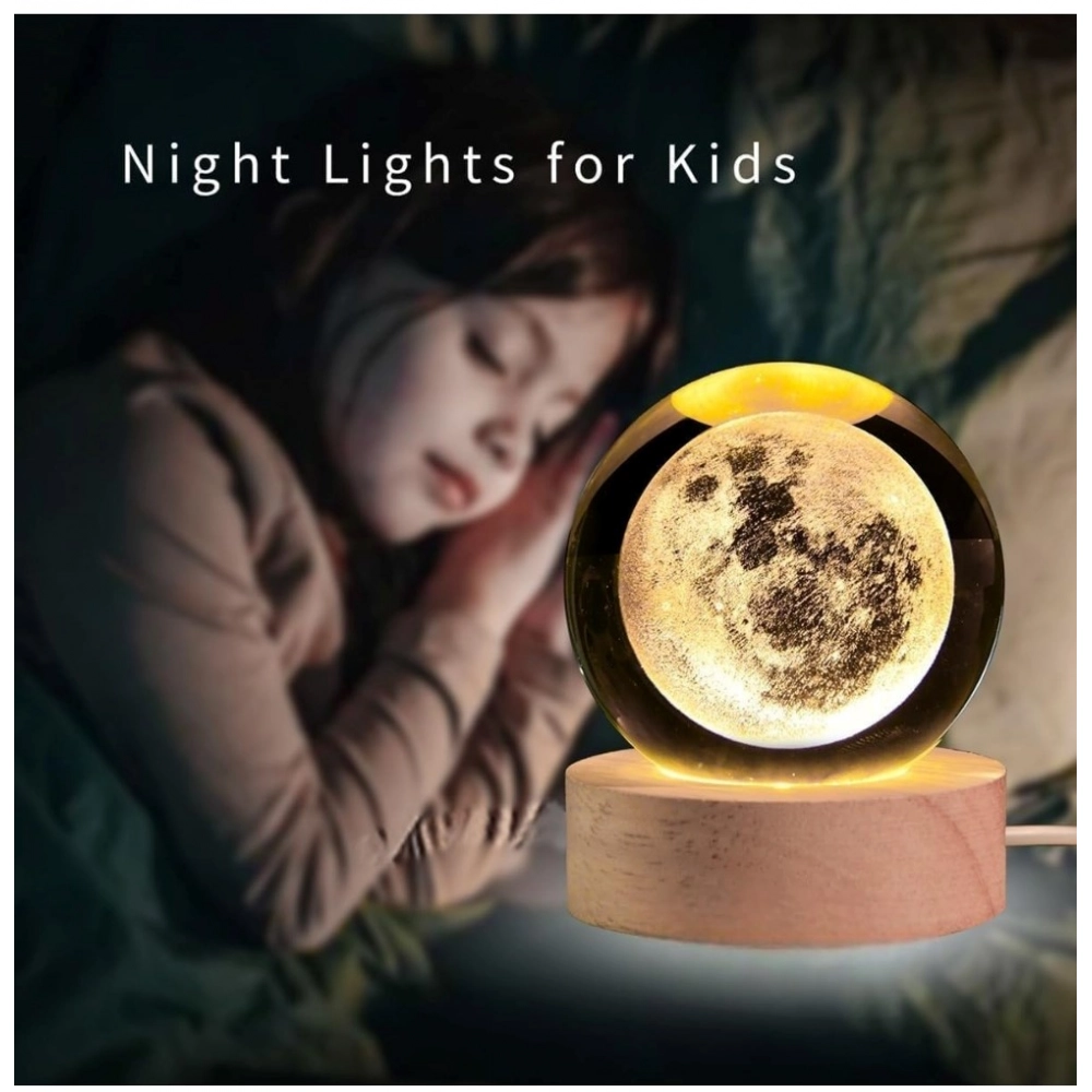 Wood 3D Moon Crystal Ball Night Lamp Colorful LED Wooden for Moon (Transparent) - Image 2