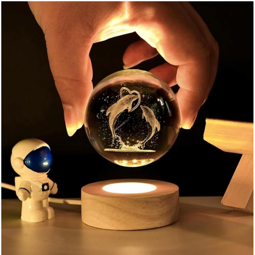 Wood 3D Dolphin Crystal Ball Night Light Dolphin Love (Transparent) - Image 2