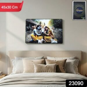 Peaceful Radha Krishna Village Scene Wall Art Frame (1 Pc 45x30 Cm)