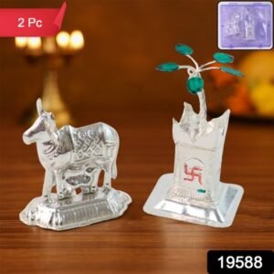 Silver-plated Kamdhenu Cow Tulsi Plant Pair Pooja Home Dcor