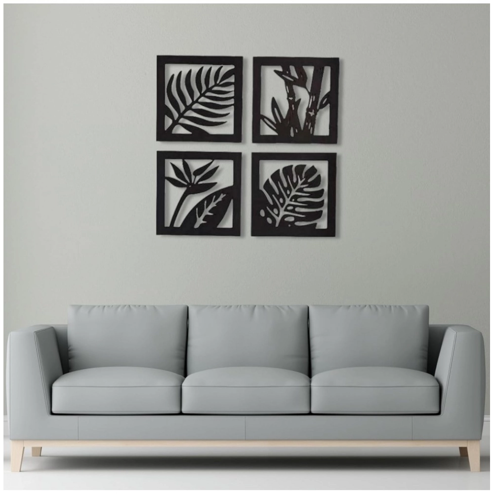 7 Decore Wooden 4 Pieces Square Tree Leaf Wall Art Panel Frame – Black (Big Size)