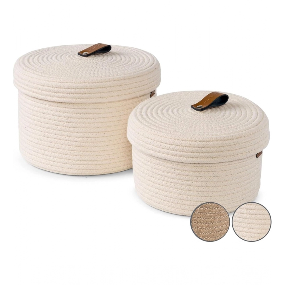 Cotton 2 Pcs Set Roti Box Storage Basket With Lid (White) - Image 2