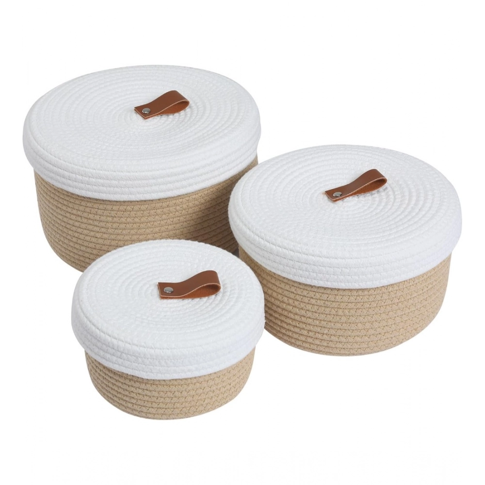 Cotton 3 Pcs Set Roti Box Storage Basket With Lid (Beige-White) - Image 2