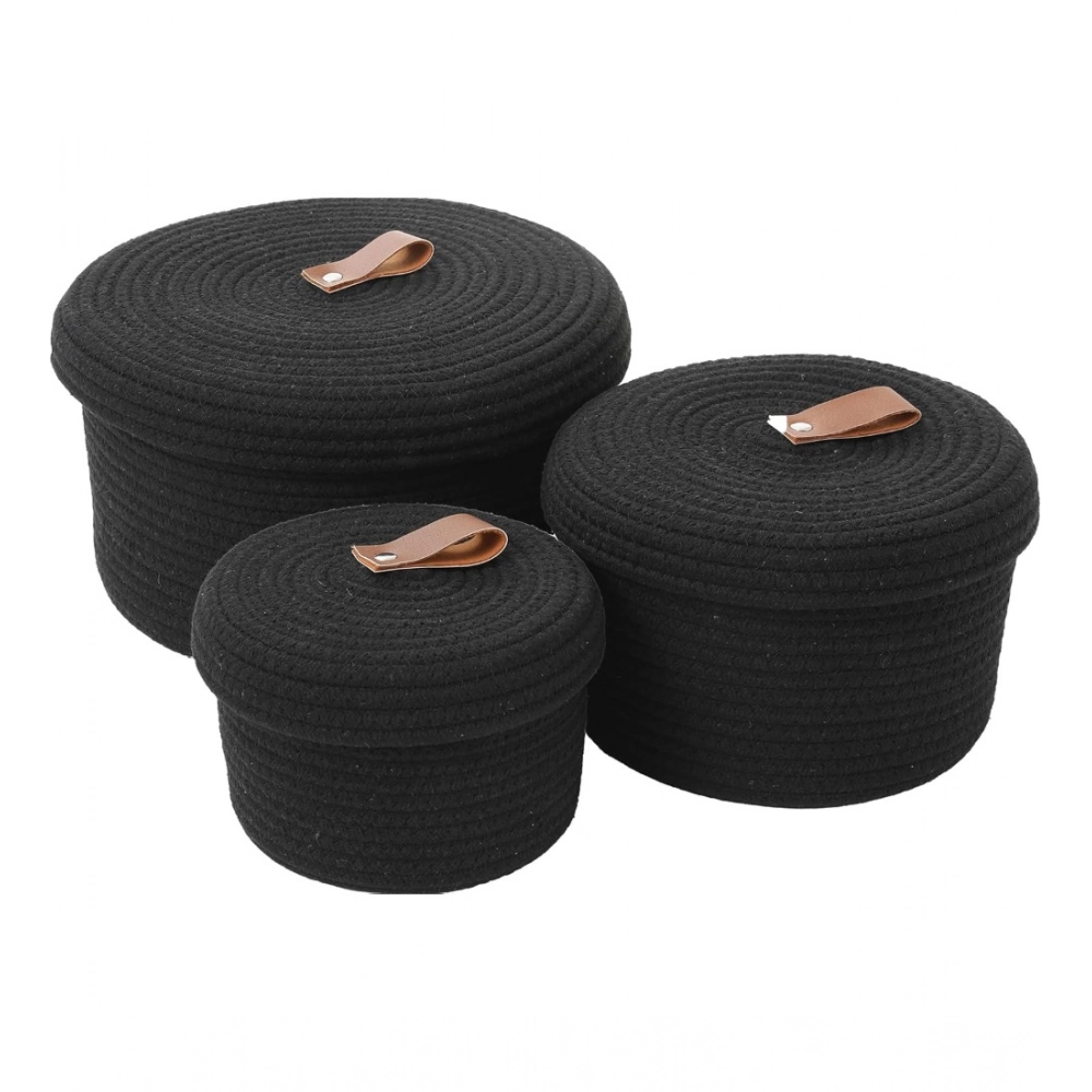 Cotton 3 Pcs Set Roti Box Storage Basket With Lid (Black) - Image 2