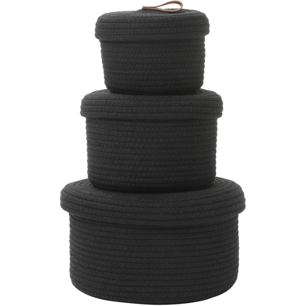 Cotton 3 Pcs Set Roti Box Storage Basket With Lid (Black) - Image 3
