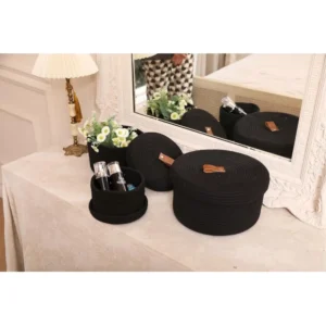 Cotton 3 Pcs Set Roti Box Storage Basket With Lid (Black)