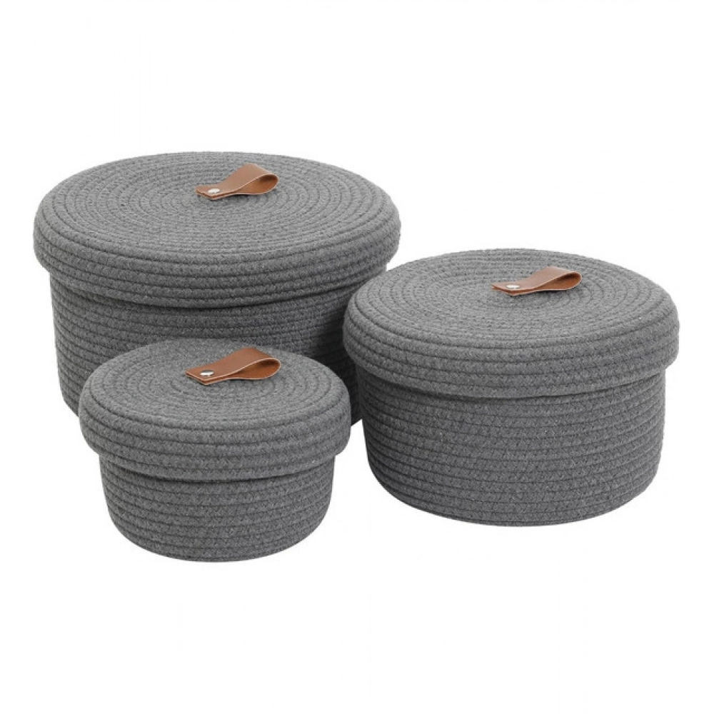 Cotton 3 Pcs Set Roti Box Storage Basket With Lid (Gray) - Image 2