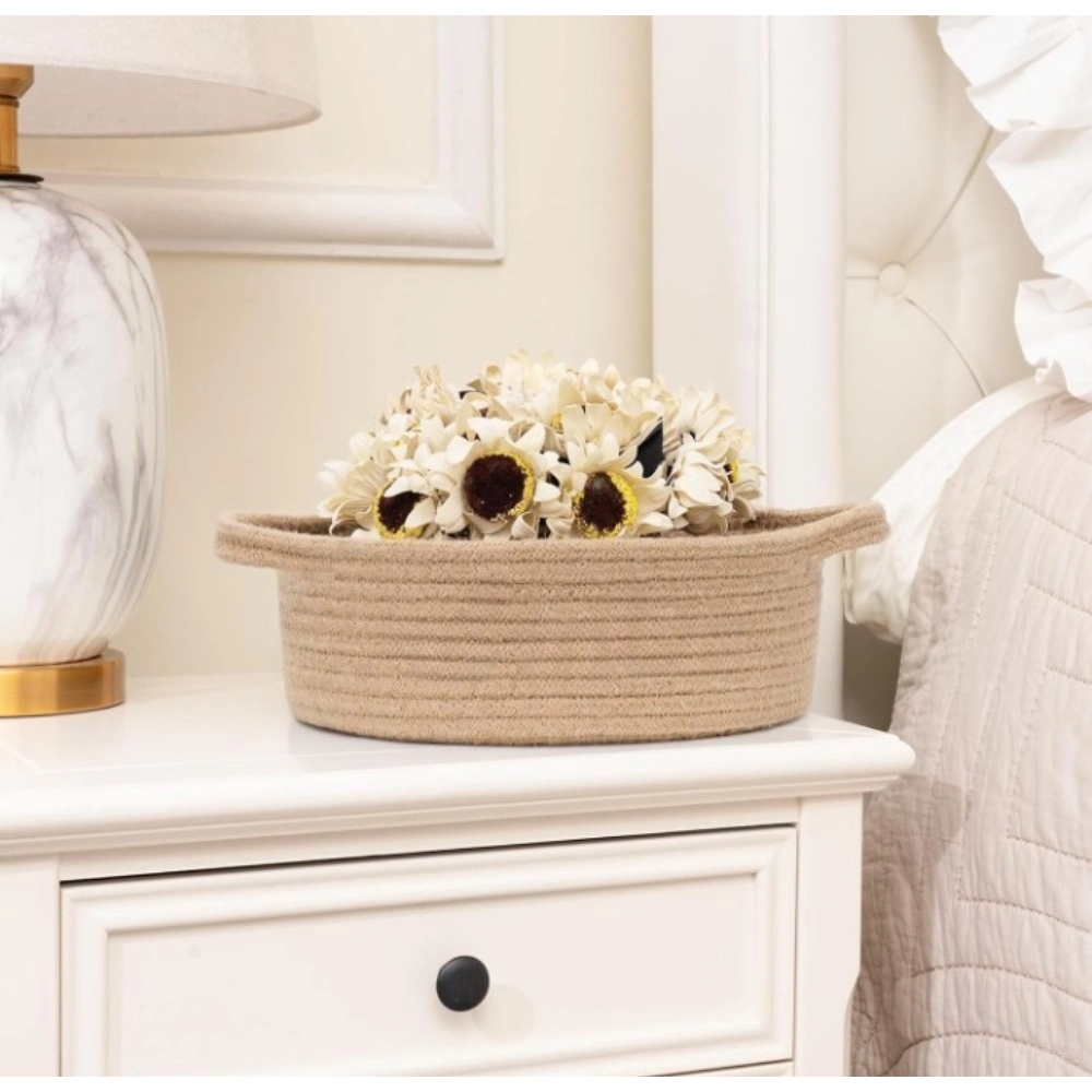 Cotton 8x3 Inch Round Bedside Organizer With Out Lid (Beige) - Image 4
