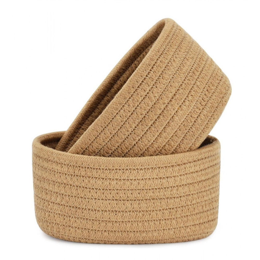 Cotton 8x3 Inch Round 2 Set Bedside Organizer With Out Lid (Beige) - Image 2