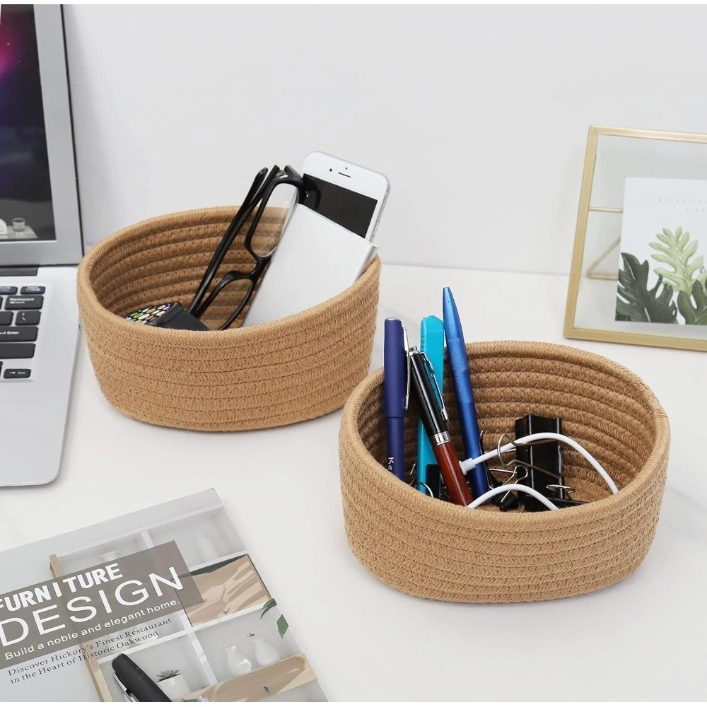 Cotton 8x3 Inch Round 2 Set Bedside Organizer With Out Lid (Beige) - Image 4