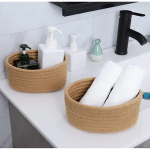 Cotton 8x3 Inch Round 2 Set Bedside Organizer With Out Lid (Beige)