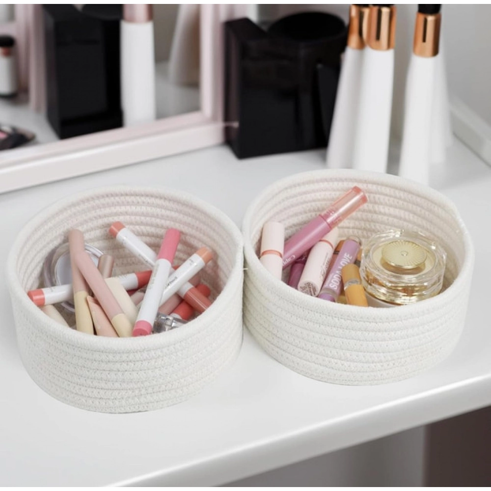 Cotton 8x3 Inch Round 3 Set Bedside Organizer With Out Lid (White) - Image 4