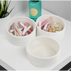 Cotton 8x3 Inch Round 3 Set Bedside Organizer With Out Lid (White)
