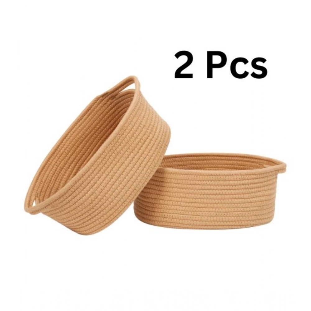 Cotton 2 Pcs 10x7x4 Inch Oval Storage Basket For Clothes (Beige) - Image 2