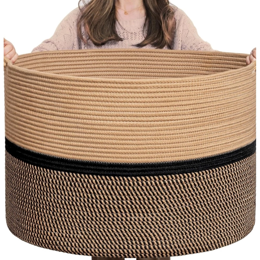 Cotton Dori 16x14 Inch Storage Basket For Clothes With Out Lid (Beige-Beige-Black) - Image 2