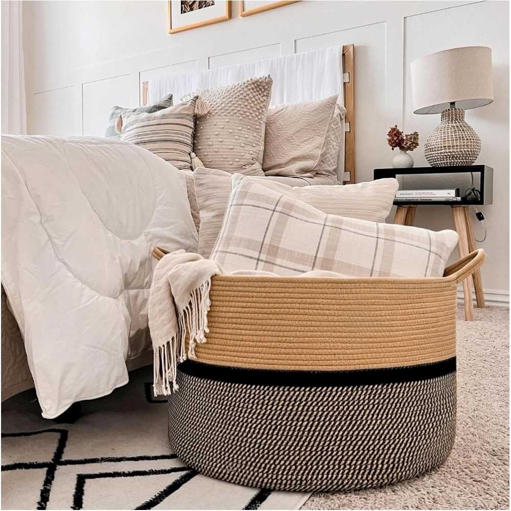 Cotton Dori 16x14 Inch Storage Basket For Clothes With Out Lid (Beige-Beige-Black) - Image 4