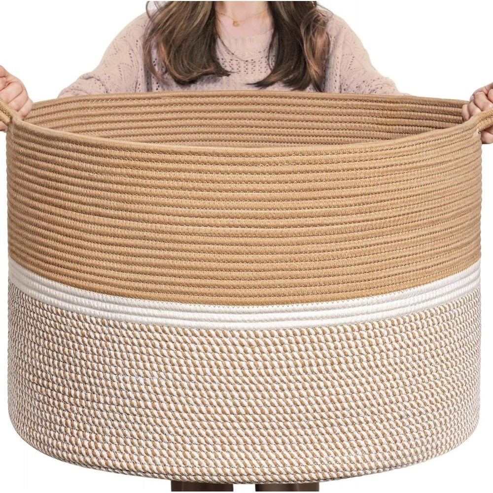 Cotton Dori 16x14 Inch Storage Basket For Clothes With Out Lid (Beige-Beige-White) - Image 2