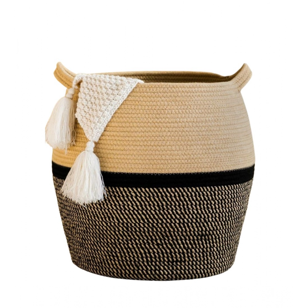 Cotton Matka 14x12 Inch Storage Basket For Clothes With Out Lid (Beige-Black) - Image 2