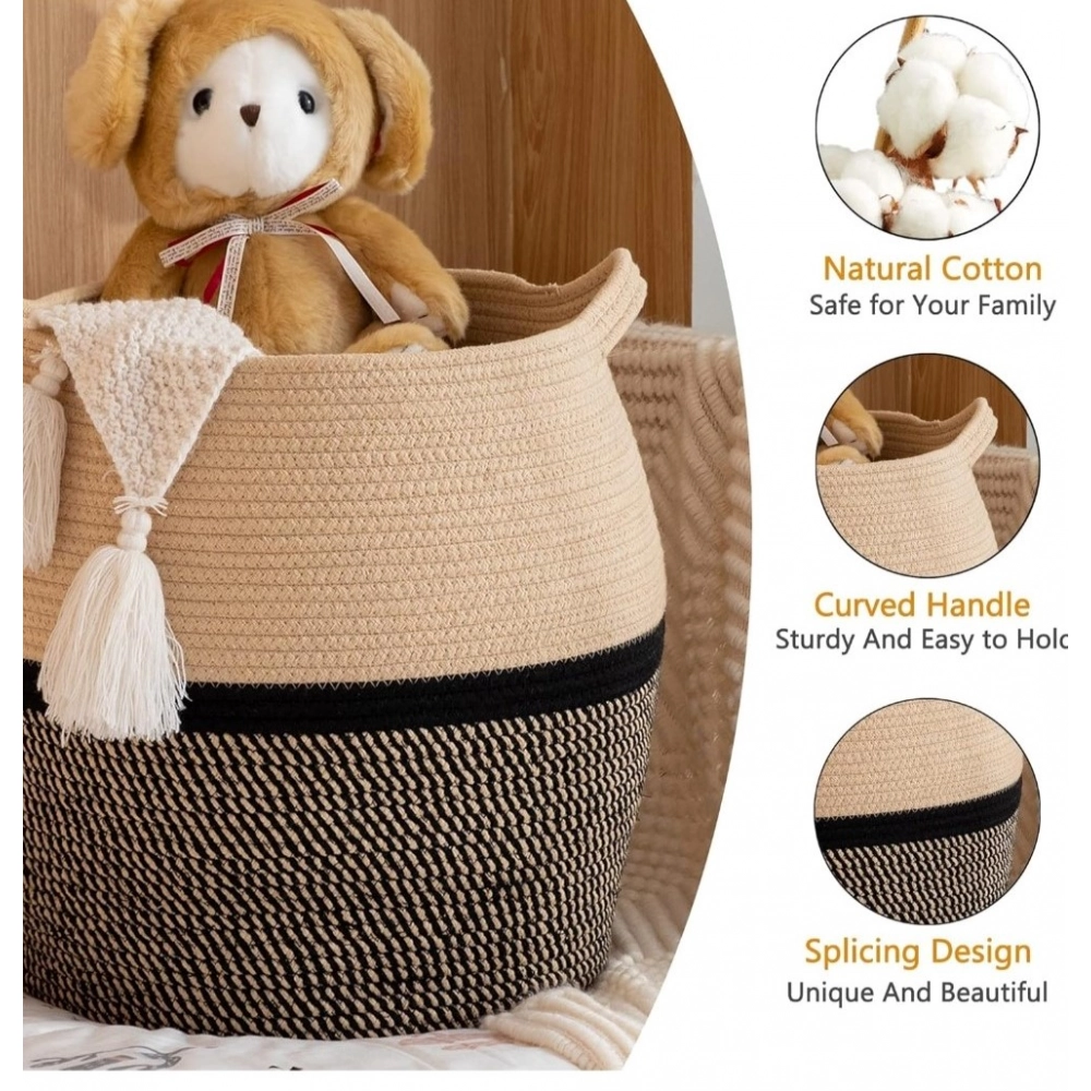 Cotton Matka 14x12 Inch Storage Basket For Clothes With Out Lid (Beige-Black) - Image 4