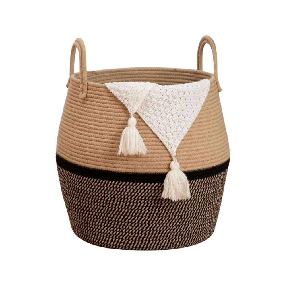 Cotton Matka With Handle 14x12 Inch Storage Basket For Clothes With Out Lid (Beige-Black) - Image 2