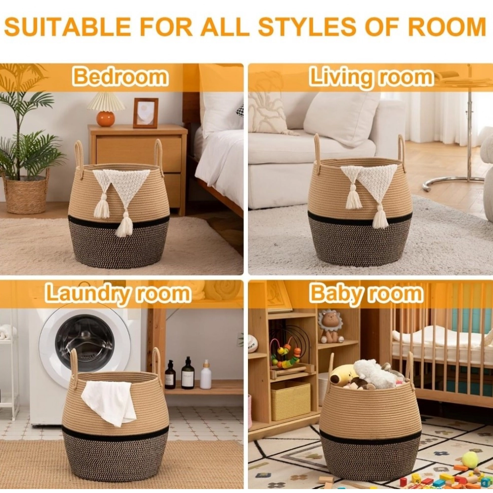Cotton Matka With Handle 14x12 Inch Storage Basket For Clothes With Out Lid (Beige-Black) - Image 4