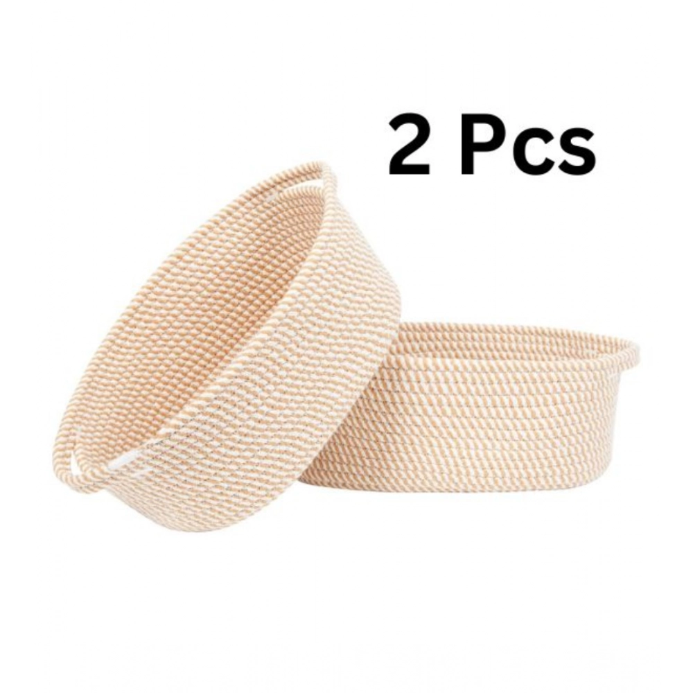 Cotton 2 Pcs 10x7x4 Inch Oval Storage Basket For Clothes (Beige) - Image 2