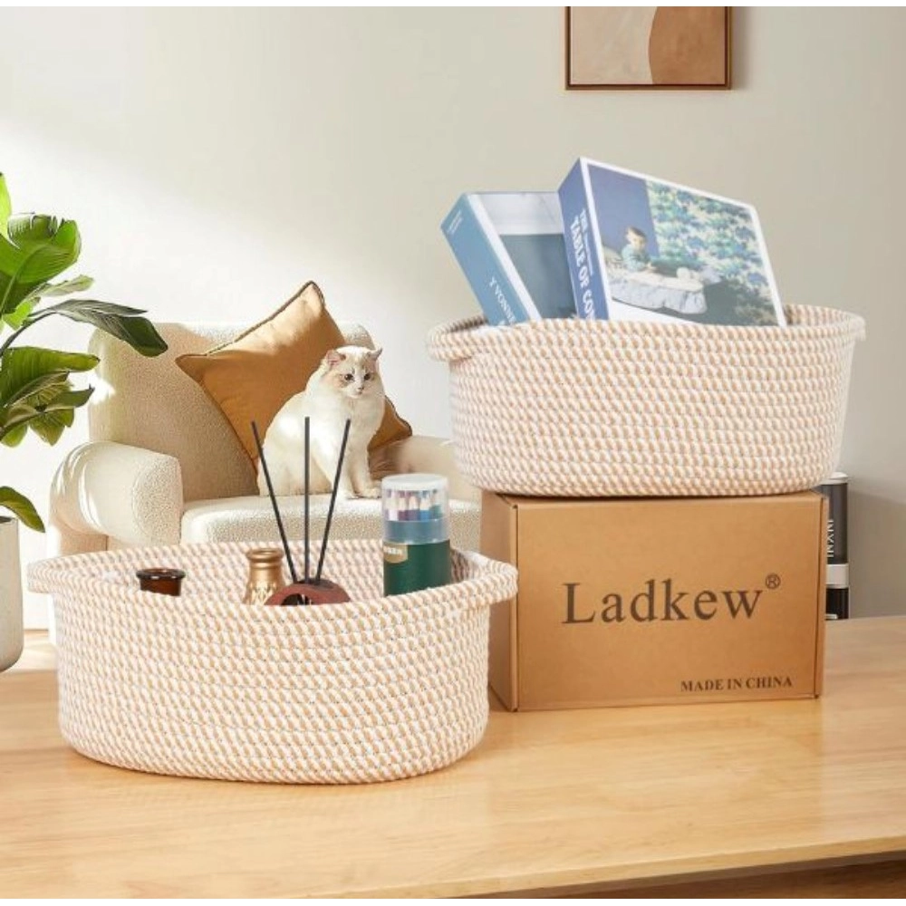 Cotton 2 Pcs 10x7x4 Inch Oval Storage Basket For Clothes (Beige) - Image 3