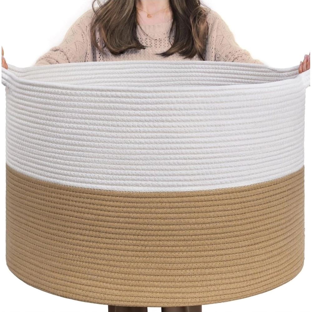Cotton Pack Of_1 16x14 Inch Storage Basket For Clothes With Out Lid (Beige-White)