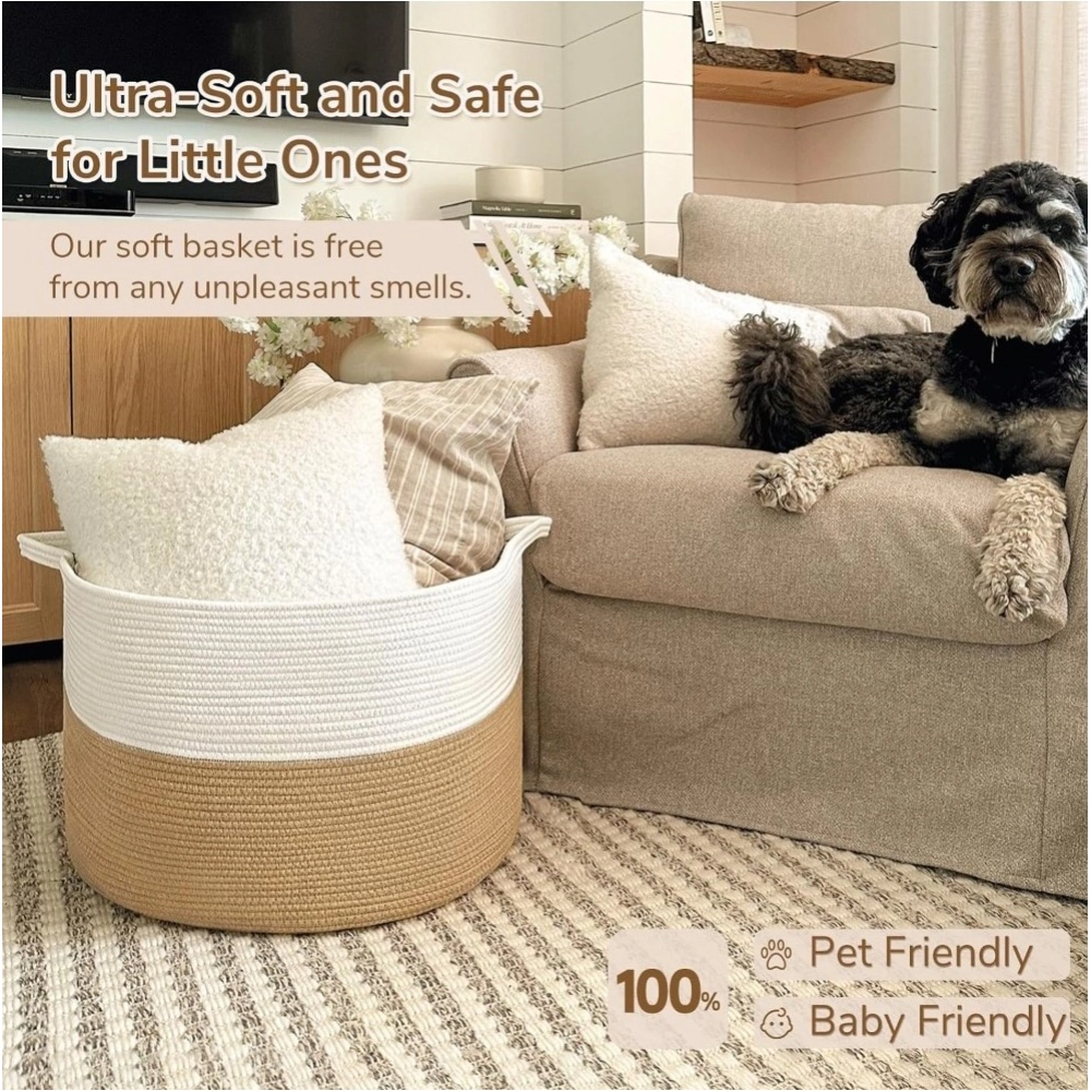 Cotton Pack Of_1 16x14 Inch Storage Basket For Clothes With Out Lid (Beige-White) - Image 3