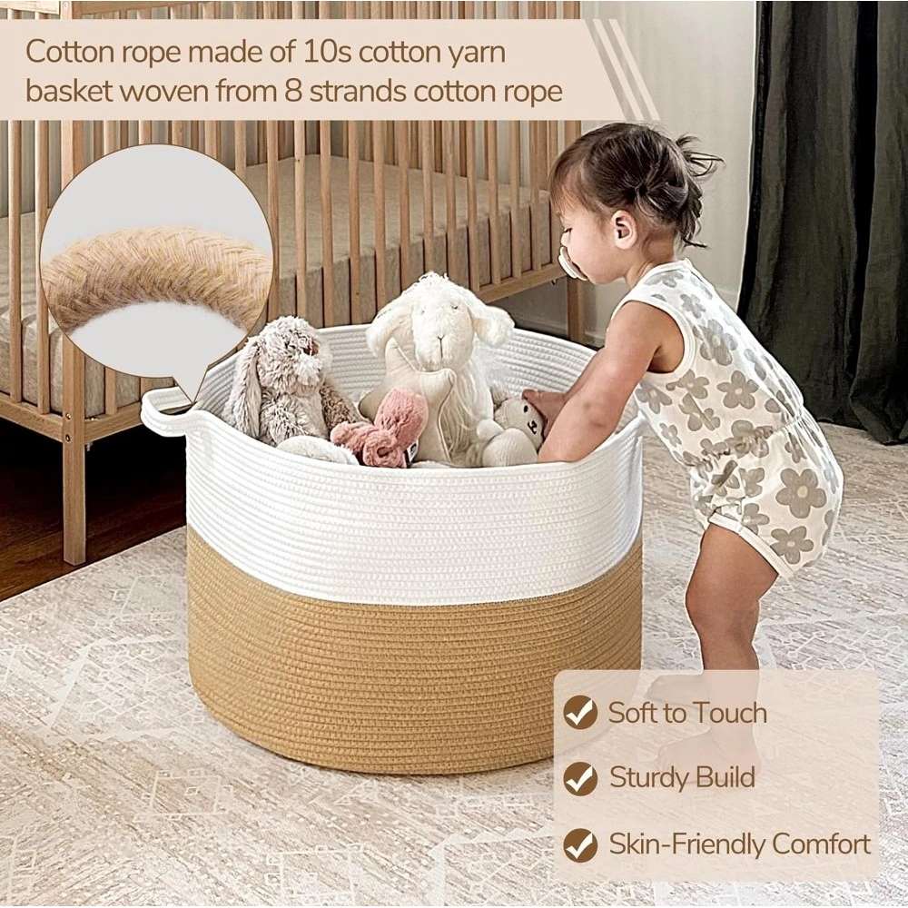 Cotton Pack Of_1 16x14 Inch Storage Basket For Clothes With Out Lid (Beige-White) - Image 4