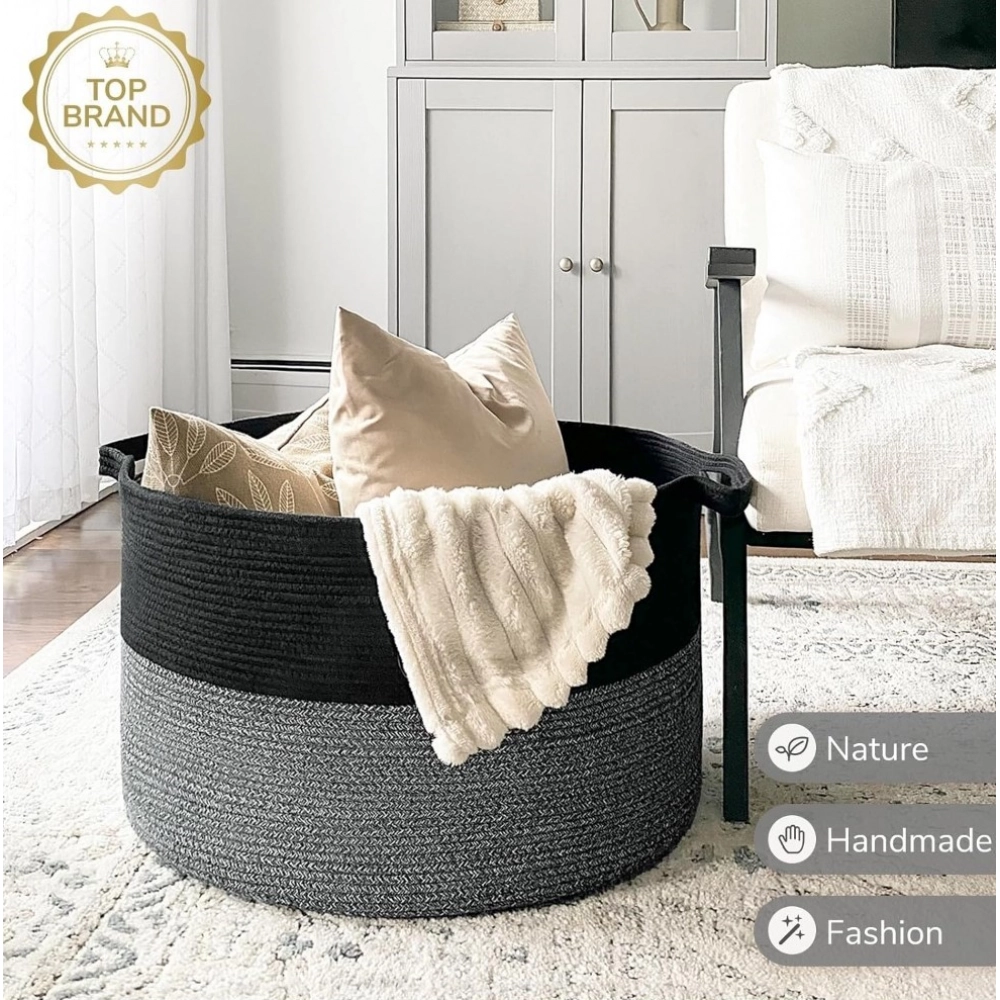 Cotton Pack Of_1 16x14 Inch Storage Basket For Clothes With Out Lid (Black-Gray) - Image 4