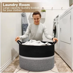 Cotton Dori 16x14 Inch Storage Basket For Clothes With Out Lid (Black-Black-White)