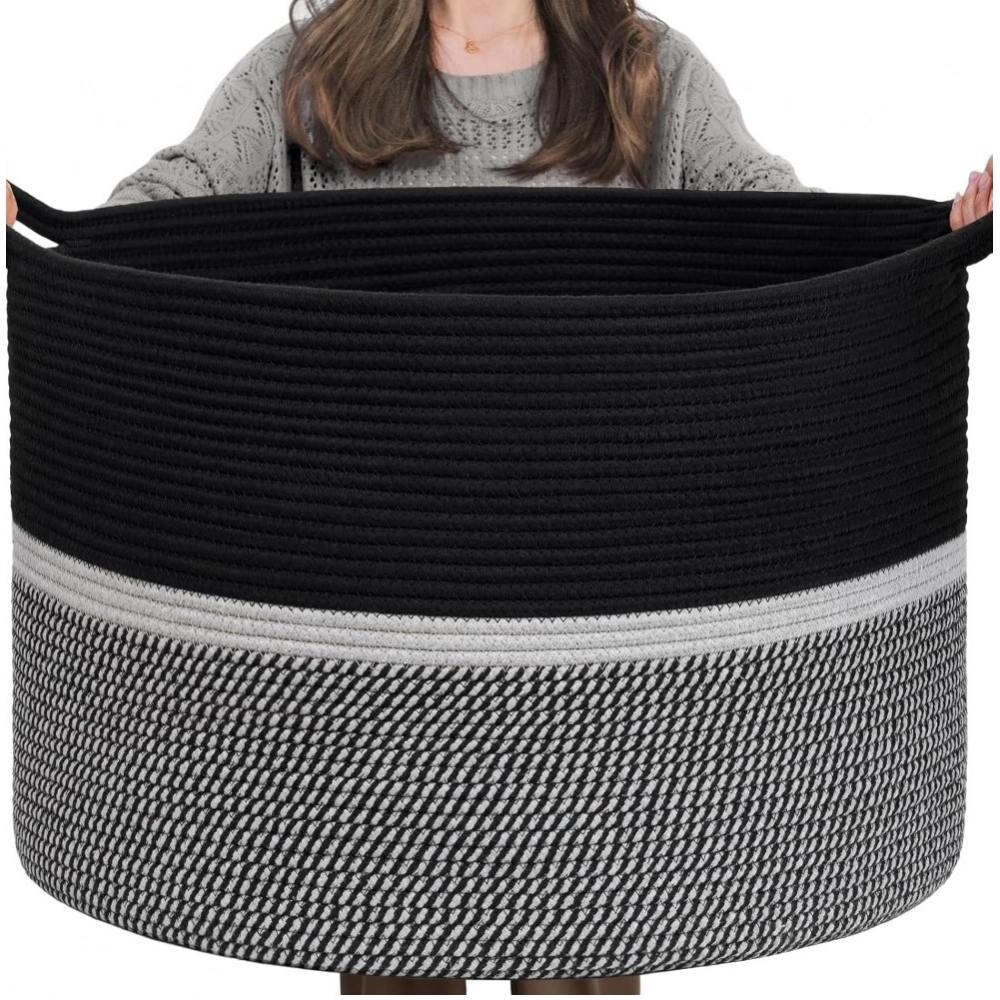 Cotton Dori 16x14 Inch Storage Basket For Clothes With Out Lid (Black-Black-White) - Image 2