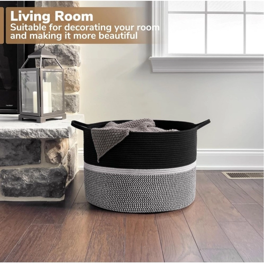 Cotton Dori 16x14 Inch Storage Basket For Clothes With Out Lid (Black-Black-White) - Image 4