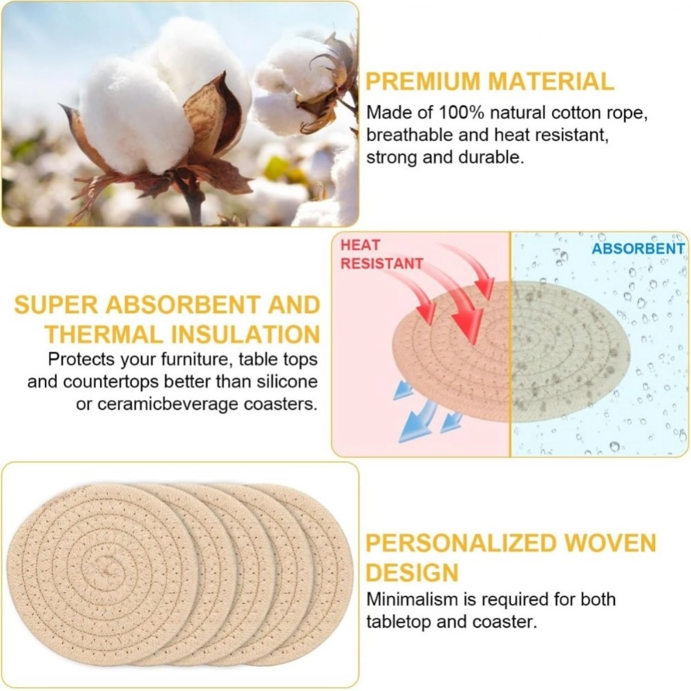 Cotton Rope Drink Coasters 6 Pcs Set (Cream) - Image 3