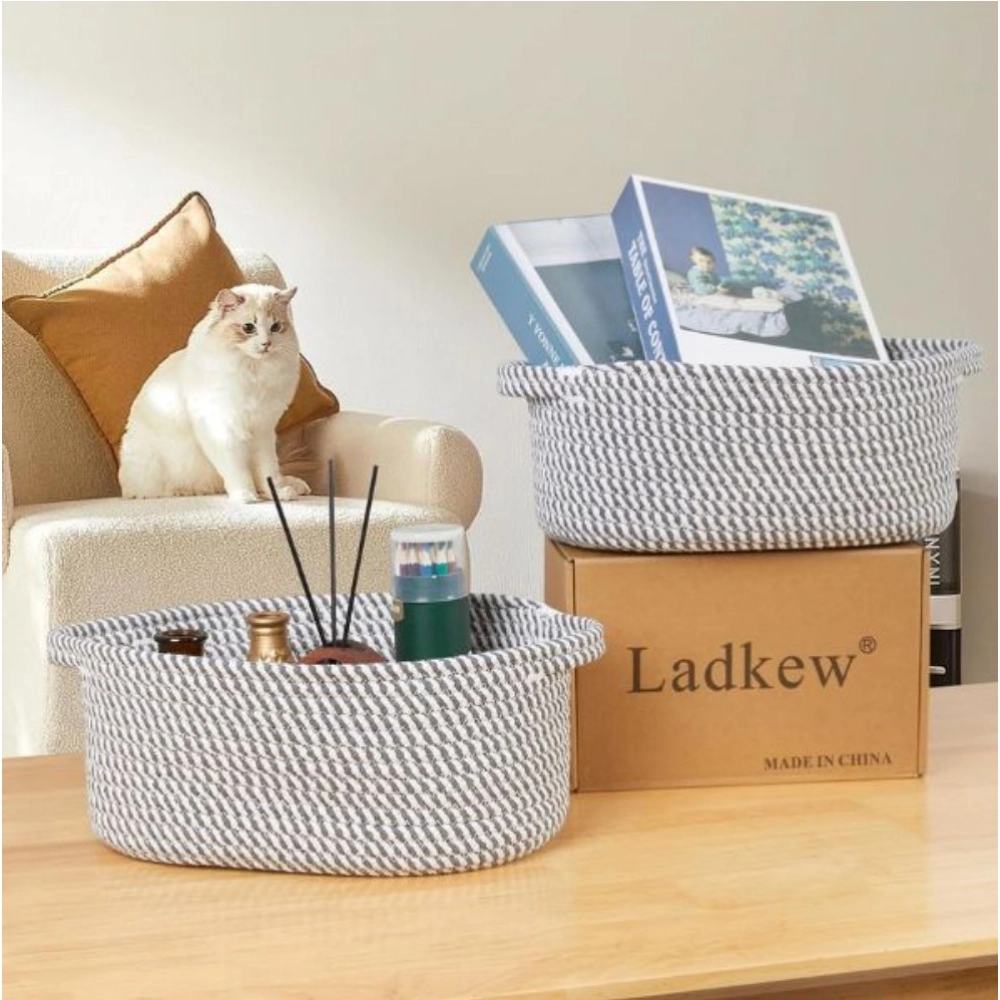 Cotton 10x7x4 Inch 2 Pcs Oval Storage Basket For Clothes (Grey) - Image 3