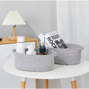 Cotton 10x7x4 Inch 2 Pcs Oval Storage Basket For Clothes (Grey)