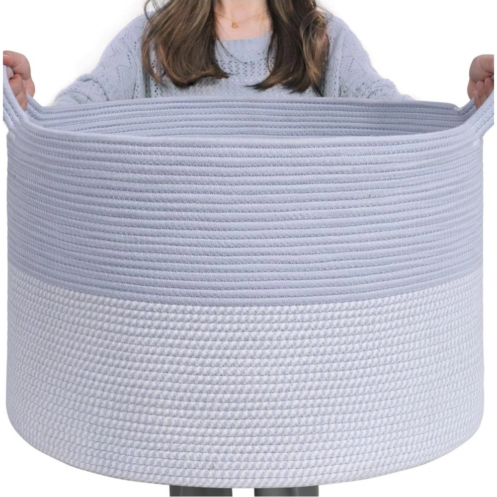 Cotton Pack Of_1 16x14 Inch Storage Basket For Clothes With Out Lid (Blue-White) - Image 2