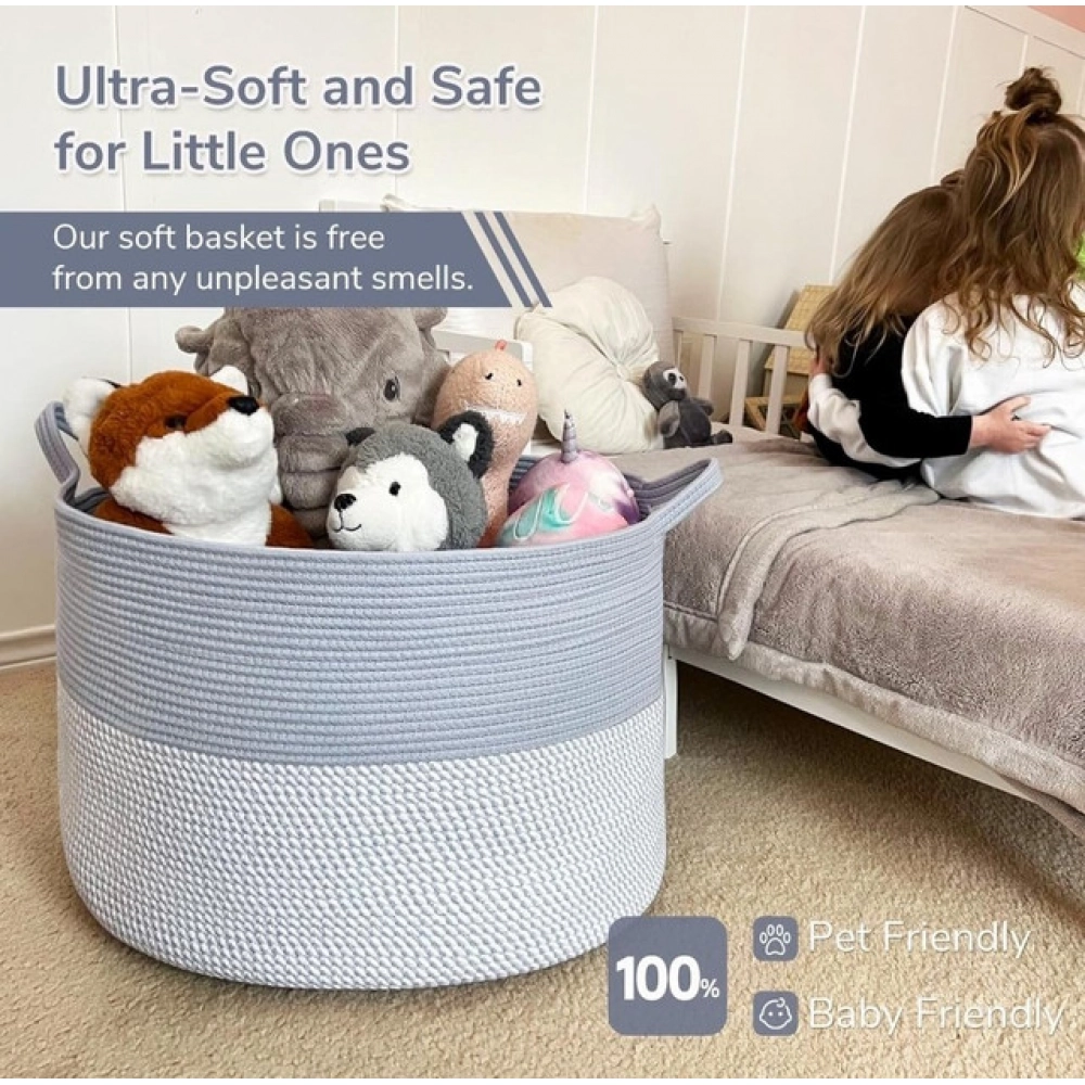 Cotton Pack Of_1 16x14 Inch Storage Basket For Clothes With Out Lid (Blue-White) - Image 3