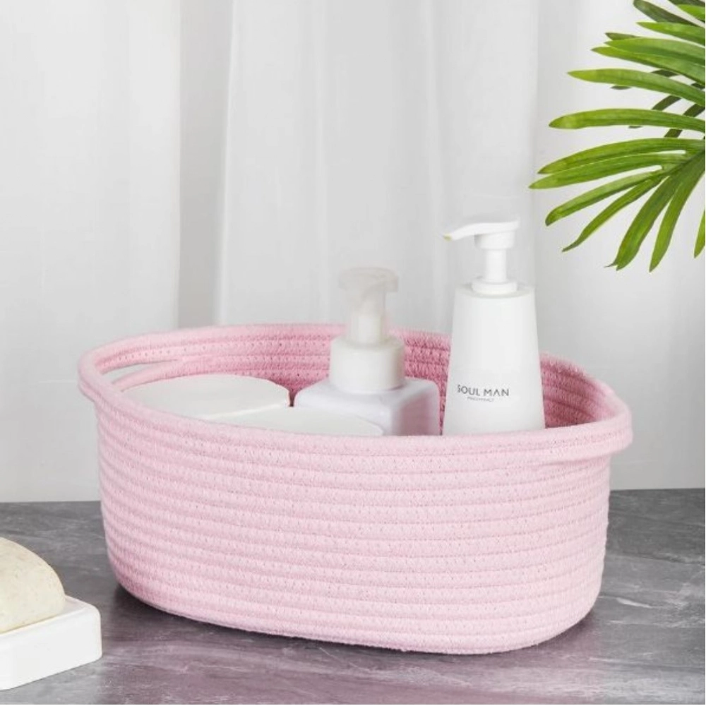Cotton 10x7x4 Inch2 Pcs Oval Storage Basket For Clothes (Pink) - Image 3