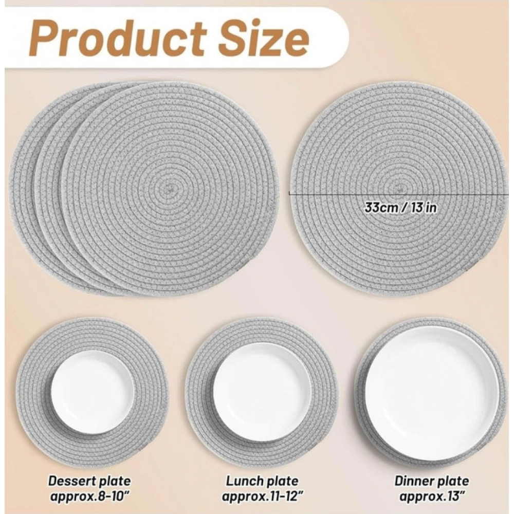 Cotton Dining Table Round Placemat Mats Set of 4 (Grey) - Image 3