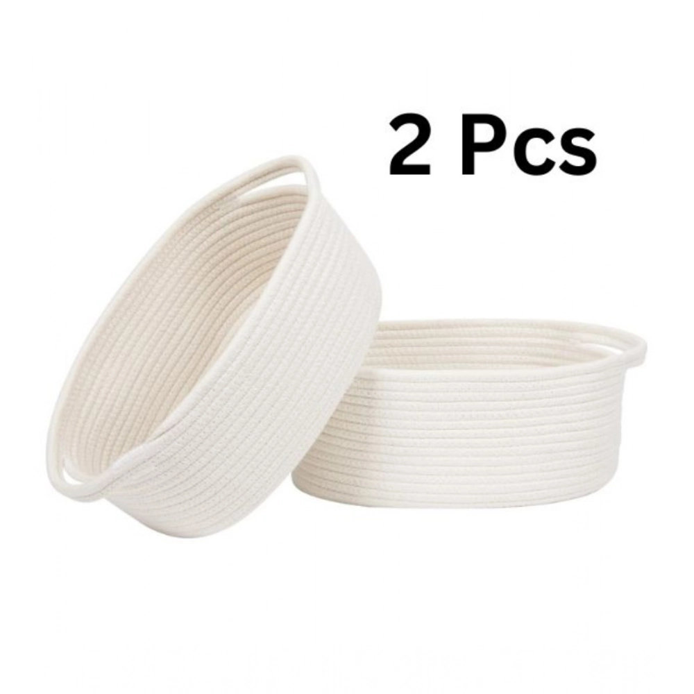 Cotton 10x7x4 Inch2 Pcs Oval Storage Basket For Clothes (White) - Image 2