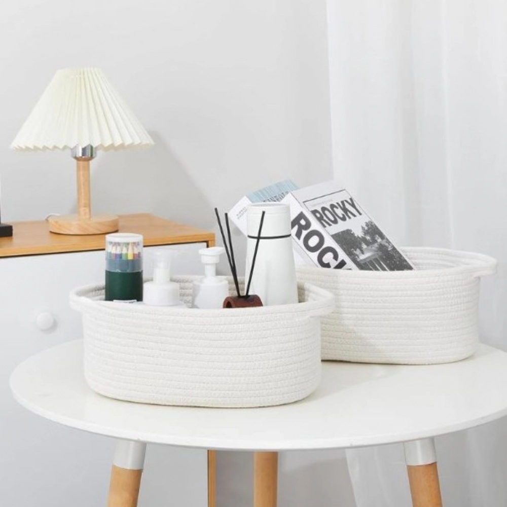 Cotton 10x7x4 Inch2 Pcs Oval Storage Basket For Clothes (White) - Image 3