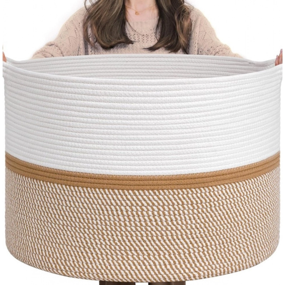 Cotton Dori 16x14 Inch Storage Basket For Clothes With Out Lid (White-Beige-White) - Image 2