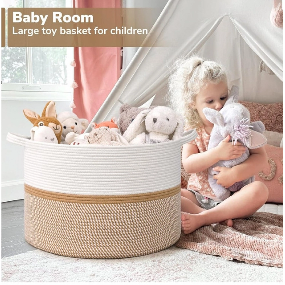 Cotton Dori 16x14 Inch Storage Basket For Clothes With Out Lid (White-Beige-White) - Image 3