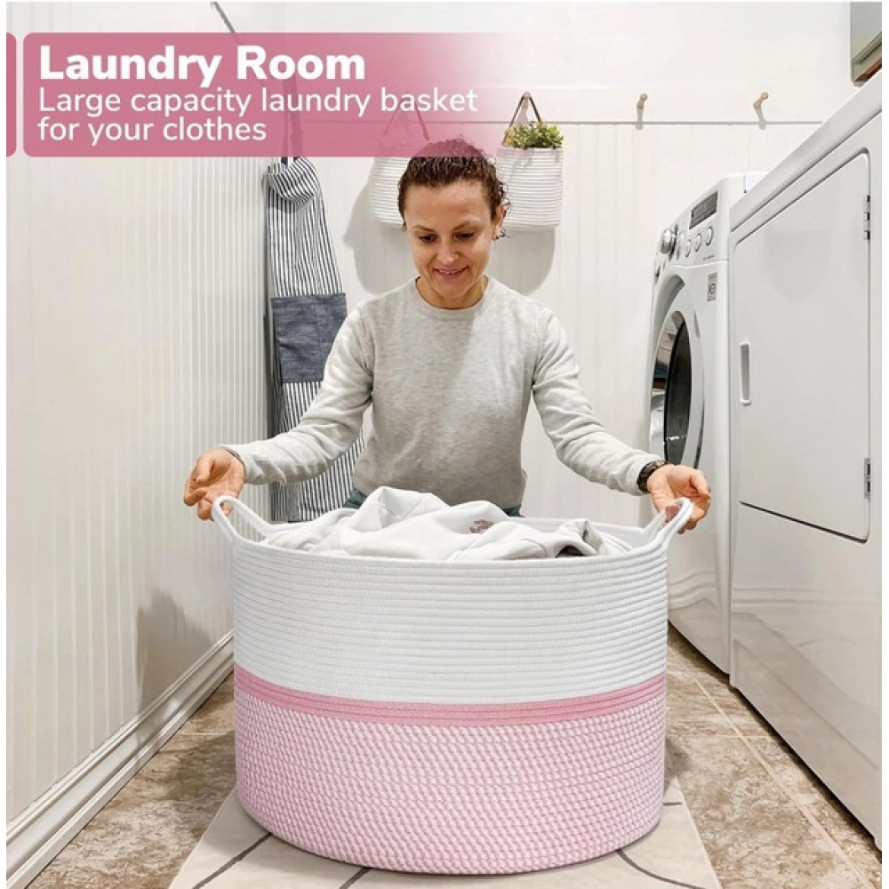 Cotton Dori 16x14 Inch Storage Basket For Clothes With Out Lid (White-Pink-White)