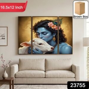 Krishna N Cow 3 Panel Mdf Wall Frame Wall Art Painting 16.5x12in (1 Pc)