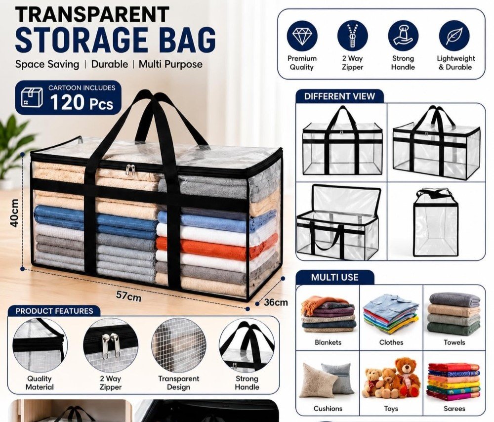 Acrylic Transparent Storage Bag with Zip & Handle (Transparent) - Image 3